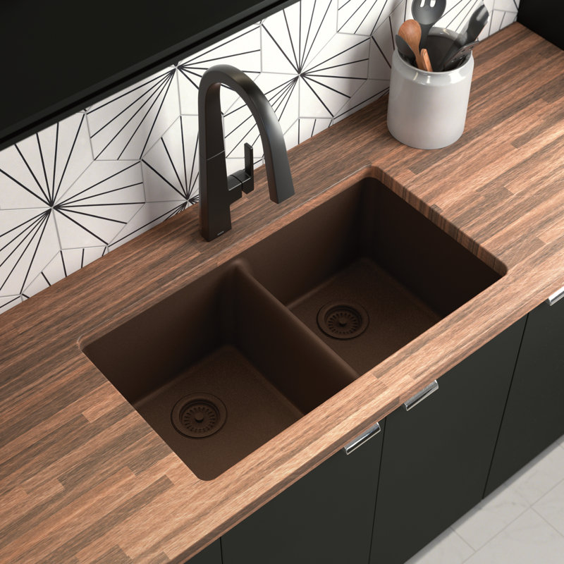 Host 33-Inch Wide x 9.5-Inch Deep Undermount Granite Double Bowl Kitchen Sink, Mocha