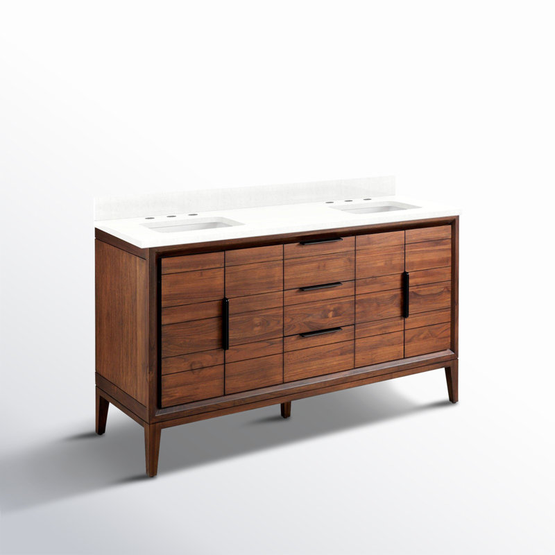 Meuble-lavabo double 60 po Aliso, 8 po, Quartz blanc plume, Café