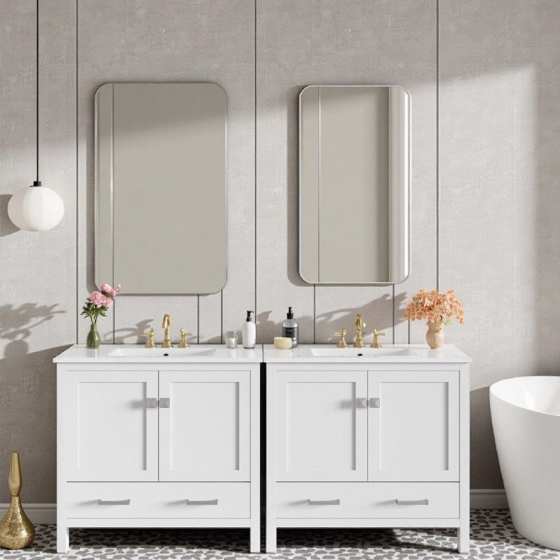 Ensemble de meuble-lavabo moderne 72 po avec deux lavabos en céramique, Blanc, 72"