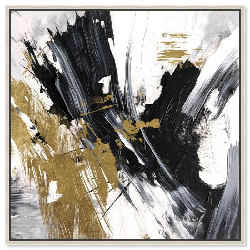 Toile abstraite «Toutes», art abstrait noir et blanc par Notoriart, Cadre argenté, H 41 po x l 41 po
