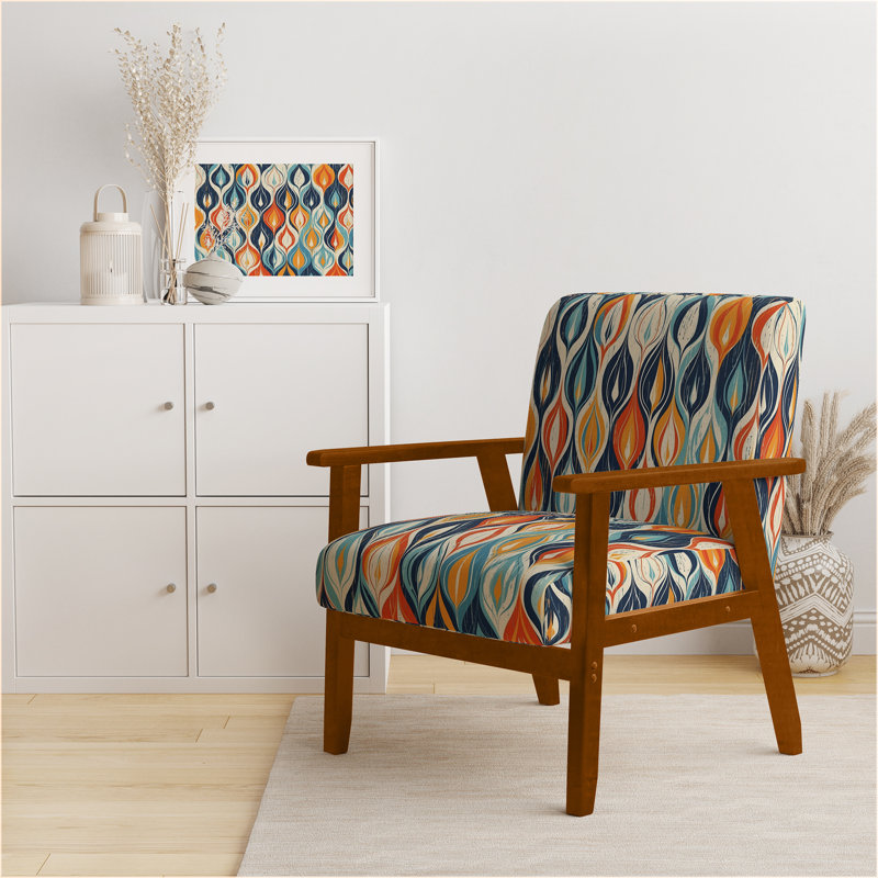 Orange et bleu Botanical Symphony III - Chaise d'appoint rembourrée et chaise moderne, Accoudoirs carrés bruns