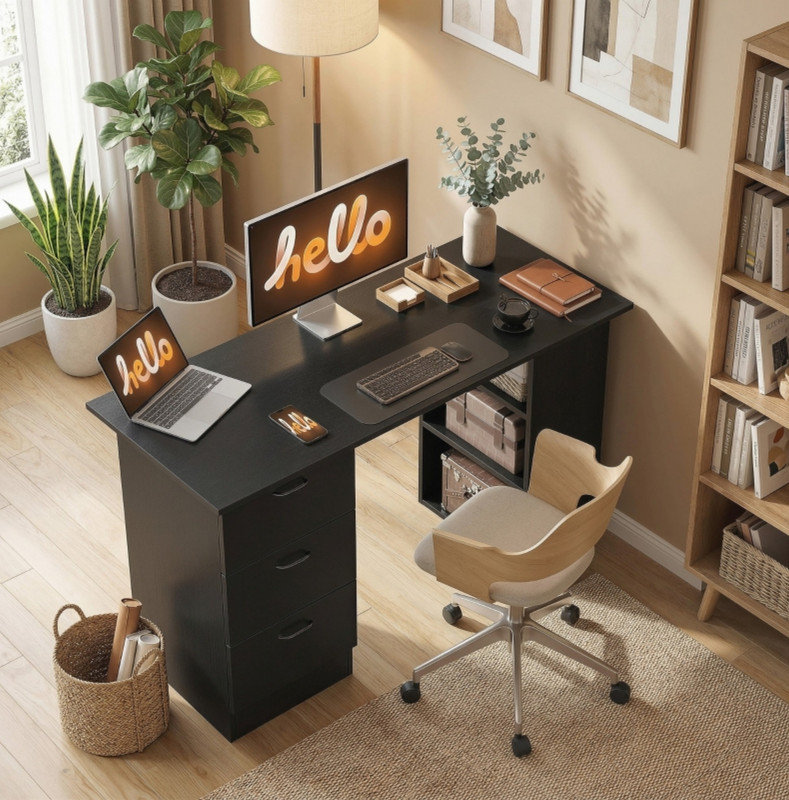 Computer Desk, Writing Table, PC Workstation with 3 Storage Shelves and Drawers, Handle, for Home Office, Black