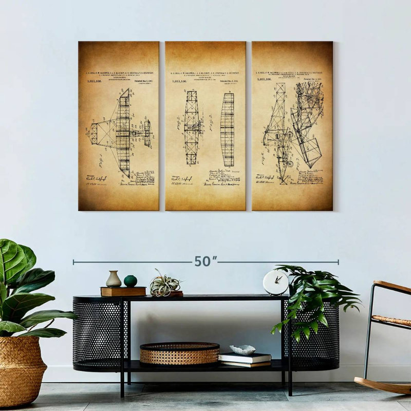 Ensemble de 3 pièces d'avion rétro sur toile, H 32 po x l 50 po x P 1,25 po