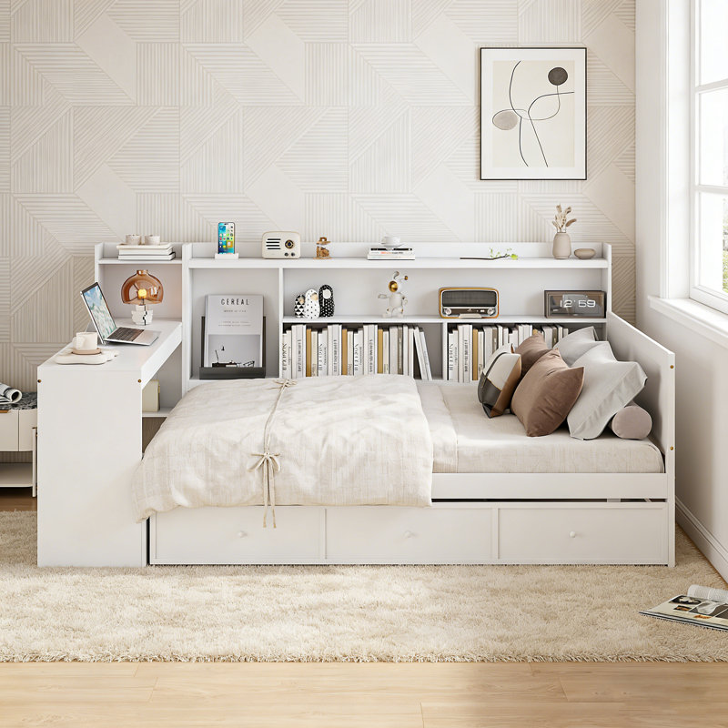 Full Size Wooden Daybed With 3 Drawers, USB Ports & Attached Desk - Multifunctional For Bedroom & Study