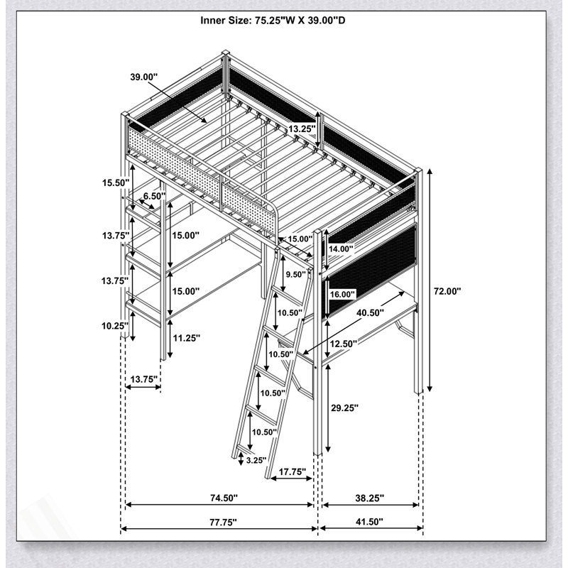 Lit mezzanine simple William à 3 tablettes William
