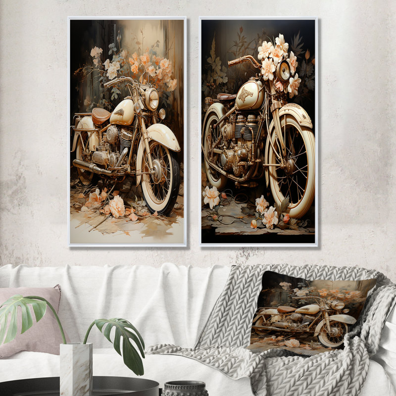 Motocyclette rétro, ensemble de 2 reproductions d'art sur toile, Cadre blanc, H 28 po x l 25 po