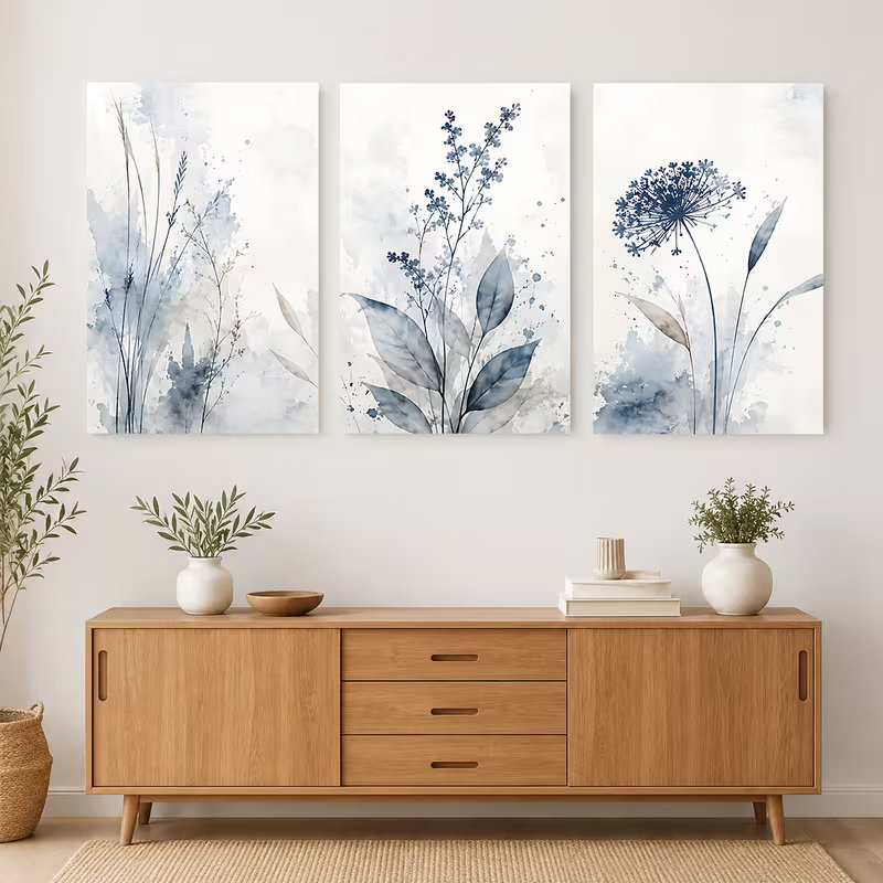 Ensemble de 3 toiles modernes à l'aquarelle bleue, motif de feuilles, montées sur châssis, pour salle de bain, 45,7 x 91,4 cm (18 x 36 pouces).