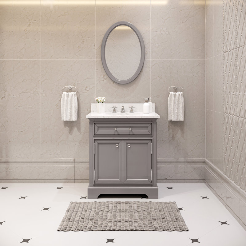 Derby 30" Carrara White Marble Countertop Bath Vanity with Faucet and Mirror, Grey