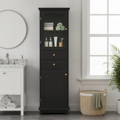 Armoire de rangement autoportante pour salle de bain H 63 po, armoire à linge haute noire avec porte vitrée, 2 tiroirs et tablettes réglables