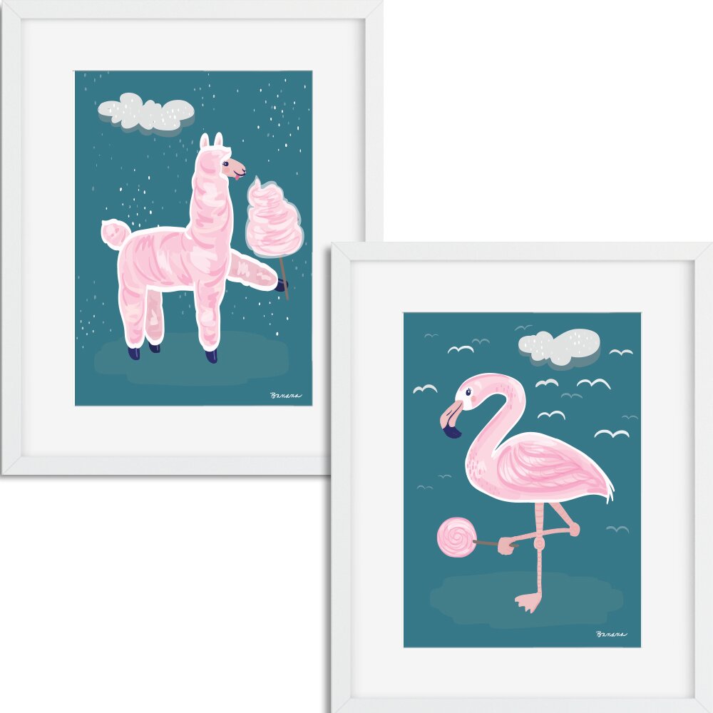 2-tlg. Set Gerahmte Wanddekoration Lama und Flamingo