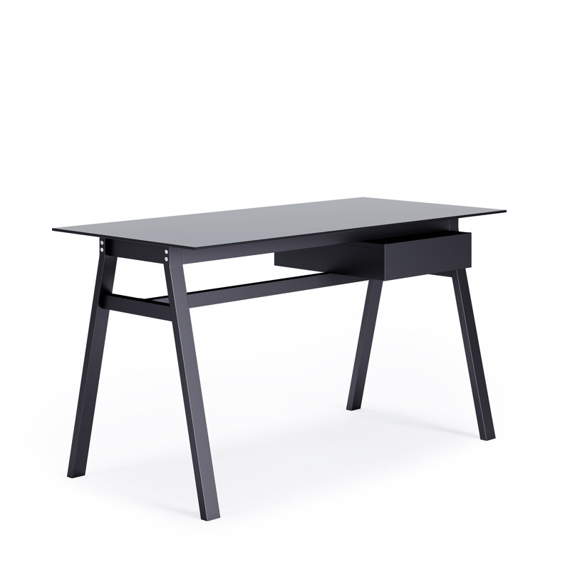 Birl Glass Top Metal Base Writing Desk, Black
