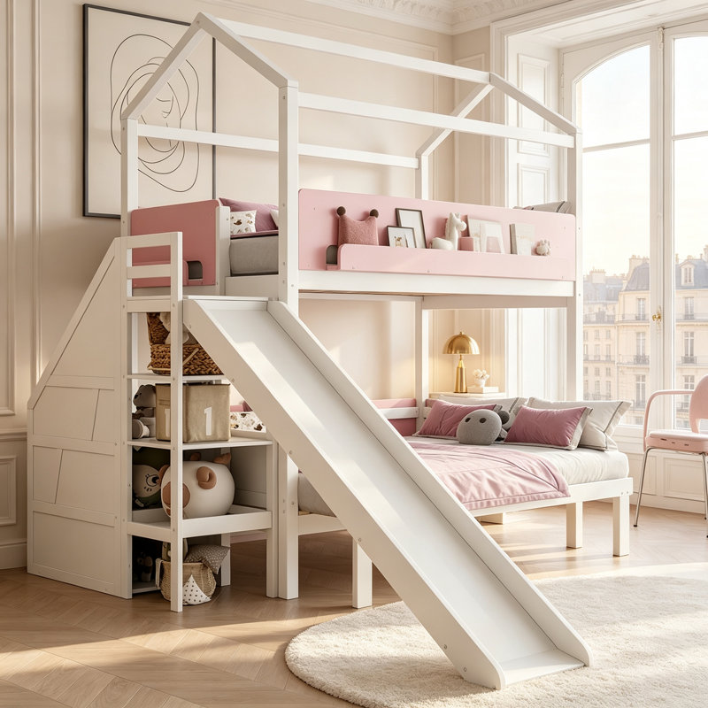 Lit superposé en bois en forme de maison avec glissade et escalier de rangement, 2 places superposées (lit simple/lit double).