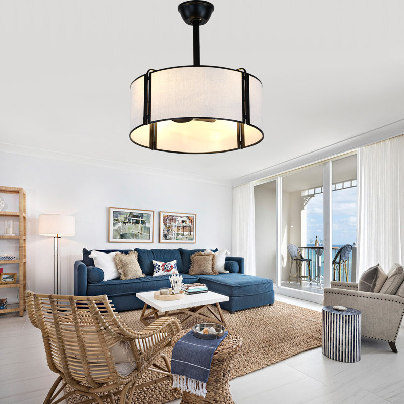 19.3" Modern Caged Ceiling Fan with Light Kit and Remote Control, Black Bladeless 7-Blade Fandelier Ceiling Fan with Fabric Shade