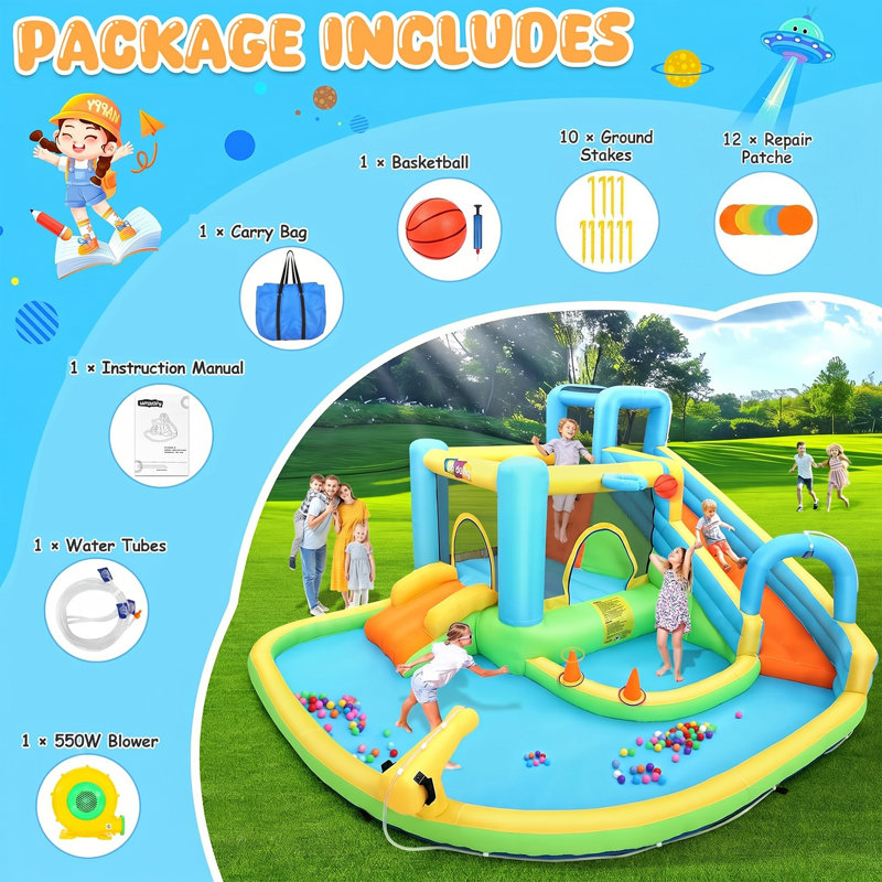 Glissade d'eau gonflable extérieure pour enfants 8 à 12, cour gonflable avec double glissade Adam
