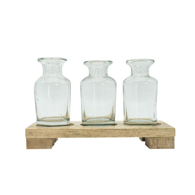  3 Bud Vases and Tray Natural Wood & Glass