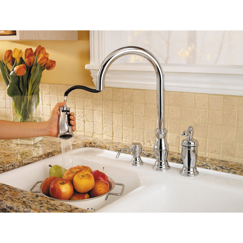 Hanover Pull Out Single Handle Kitchen Faucet with Soap Dispenser, Polished Chrome