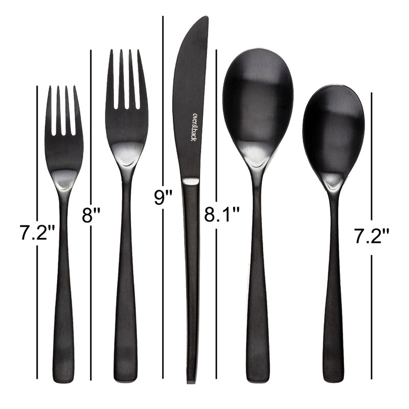 Ensemble de couverts courbés 18/8 au-dessus et à l'arrière - Service pour 4, Noir mat