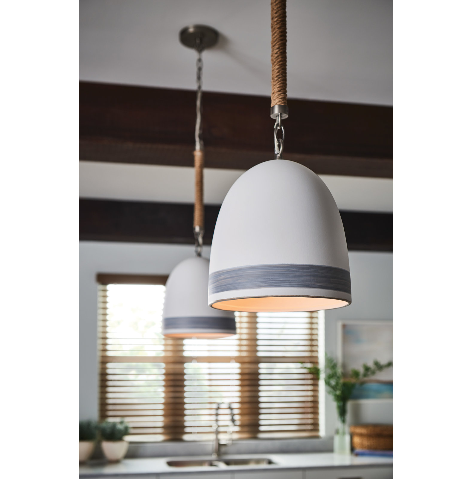 Karissa Dimmable Single Light Pendant, Antique Nickel, White/Gray Stripe