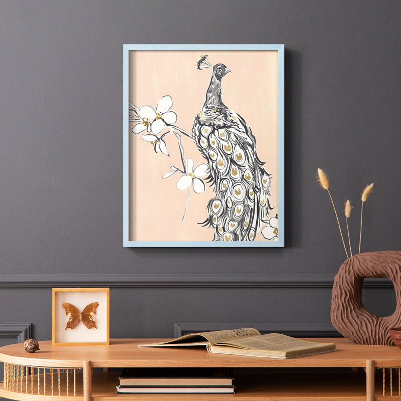«Peacock in Gold I», reproduction encadrée - bois massif, Bleu, H 10 po x l 8 po
