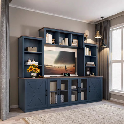 Modern Blue Entertainment Center with Charging Station, 87.6" TV Stand with Storage Cabinets and Open Shelves for Living Room