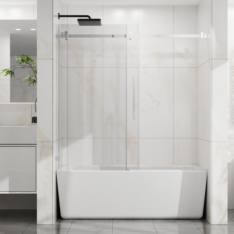 Glass Bathtub Door, Tempered Glass, Adjustable Width, - Splash Sealing, Quiet Sliding 60" W X 58" H Shower 6mm Clear Reversible Sliding, Water Blocking, Silent Pulleys