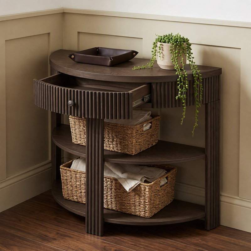Console demi-ronde en bois massif cannelé avec tiroir et 2 tablettes, Noyer