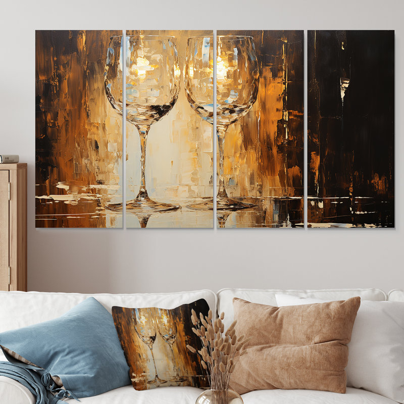 Or et bulles de verre champagne doré - Champagne, art mural 4 pièces pour le salon, H 32 po x l 64 po