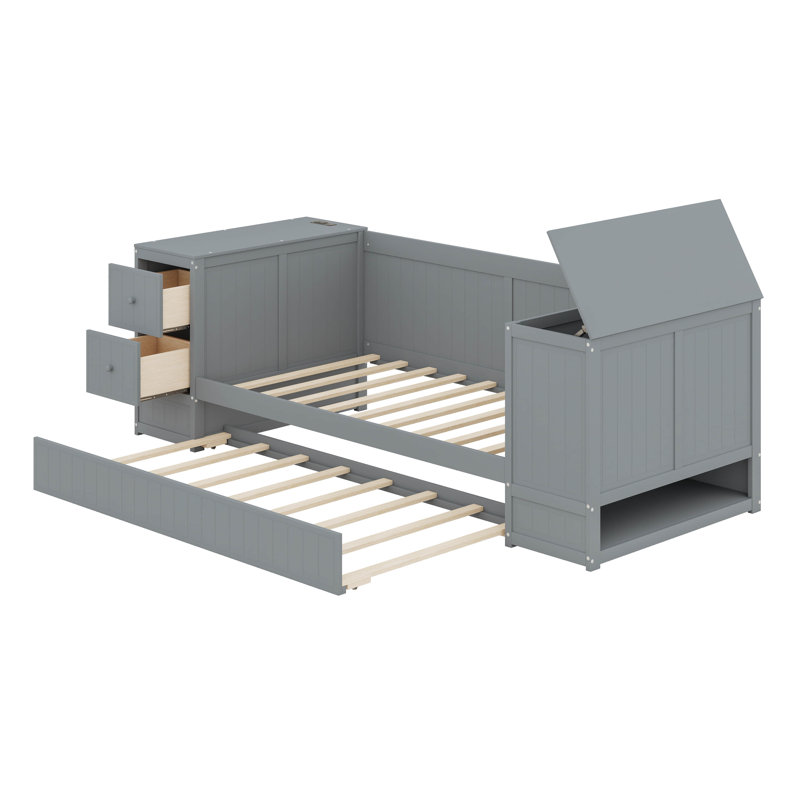 Daybed With Trundle, Cabinets , Drawer And Charging Station (2-Outlets +2 USB Ports), Gray
