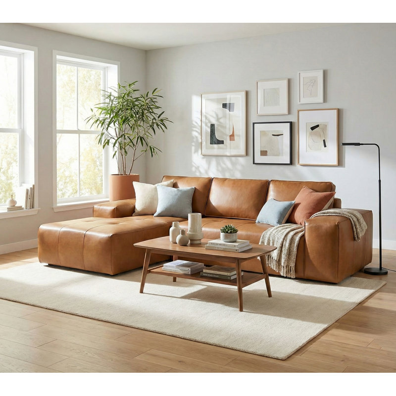 Canapé modulaire en cuir caramel de 114 po sans assemblage en L, Orienté à gauche (vu de face), Caramel