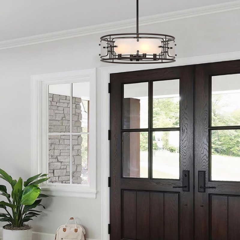18.5" 4-Light Farmhouse Pendant Drum Chandelier + Tempered Glass Panels, Oil Rubbed Bronze Finish