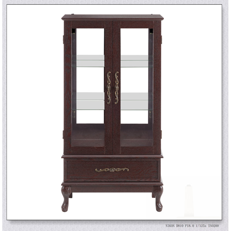 Vitrine avec verre éclairé, tablettes réglables et finition élégante pour exposer des objets de collection, Cerisier