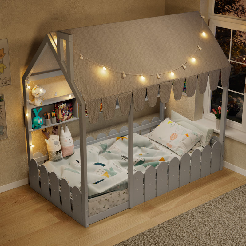 Lit simple rustique en bois avec rangement Montessori, gris