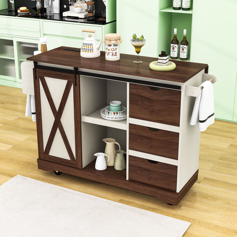 Kitchen Island with Drop Leaf, Barn Door and Power Outlet, White/Brown