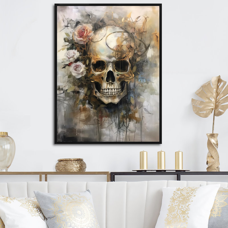 Crâne en fleurs - impression, H 32 po x l 24 po x P 1 po, Cadre flottant noir