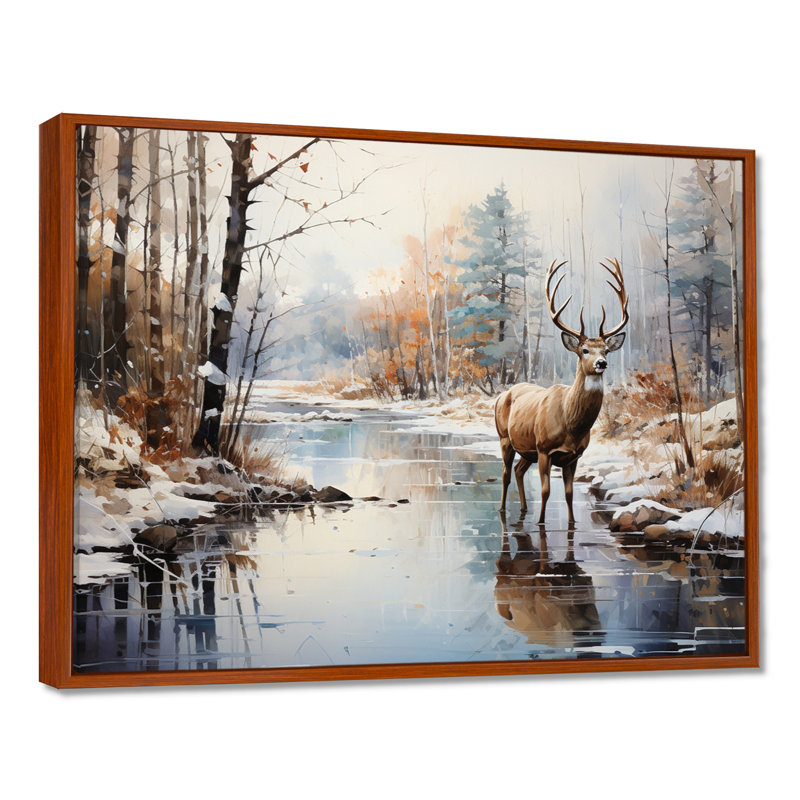 Cerf hiver sérénade - art mural grand cerf, H 34 po x l 44 po x P 1,5 po, Cadre flottant brun