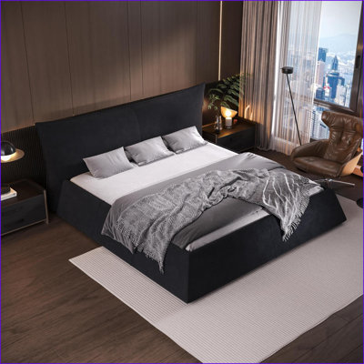 King Size Solid Wood &amp; Metal Platform Bed - 1000LBS Capacity, No Box Spring, Black Velvet Upholstered for Master Bedroom