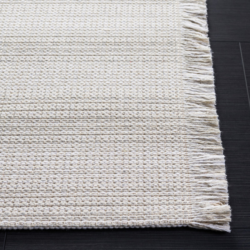 Ivory and Gray Square Flat Woven Synthetic Stripe Rug