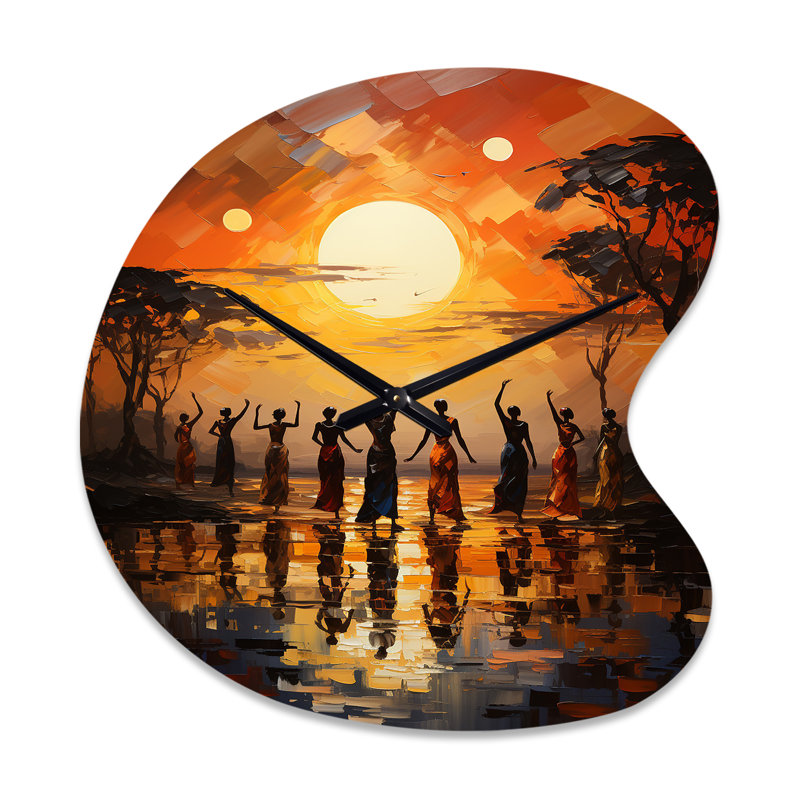 African Savannah Melody II - Art africain, horloges murales asymétriques en métal, impression d'horloge murale de forme unique jaune