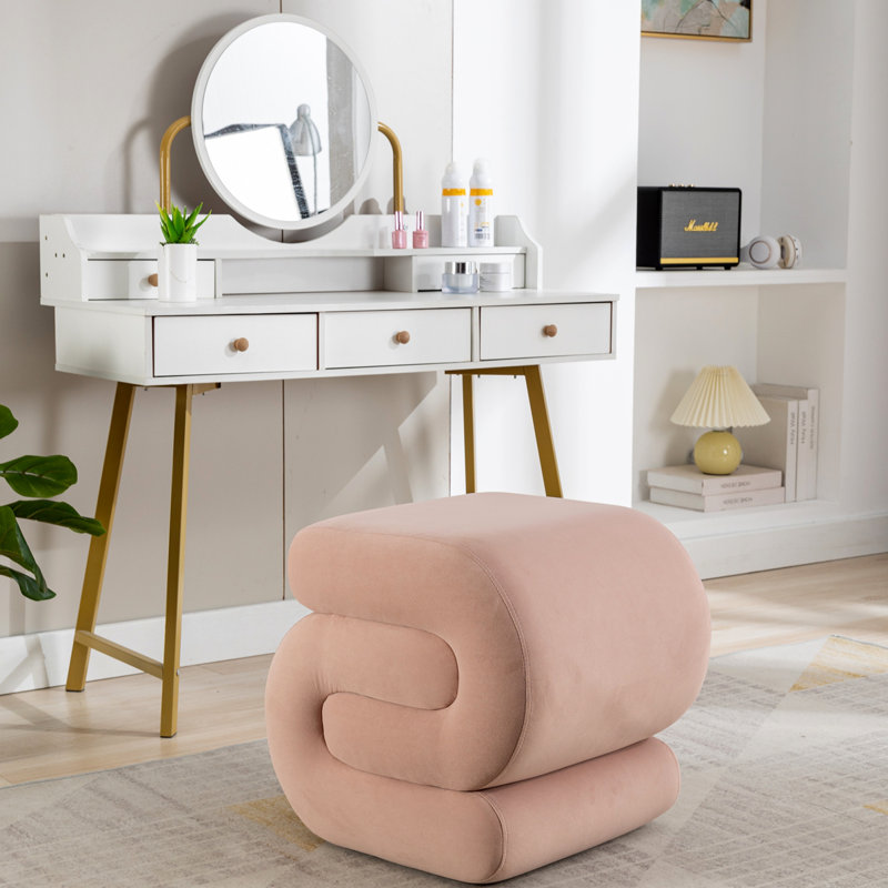 Jaszlyn S-shape Ottoman, Makeup Stool Footstool, Pink Velvet