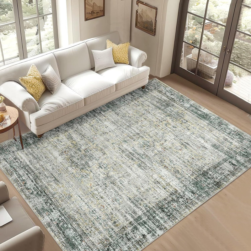 Area Rug 6X9 Washable, Soft Vintage Distressed Large Area Rugs For Living Room Bedroom Dining Room, Retro Abstract Foldable Indoor Floor Carpet Thin Non-Slip Farmhouse Rugs, Green Multi