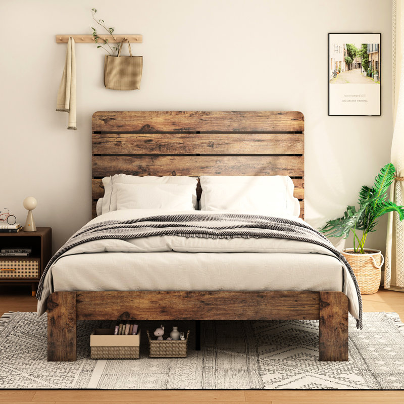 Structure de lit pleine grandeur en brun foncé, plateforme en bois pour le sommeil silencieux, pas de sommier tapissier, spacieuse option de rangement sous le comptoir, cadre brun à assemblage simple, avec caractéristique silencieuse, ressort nécessaire, vaste