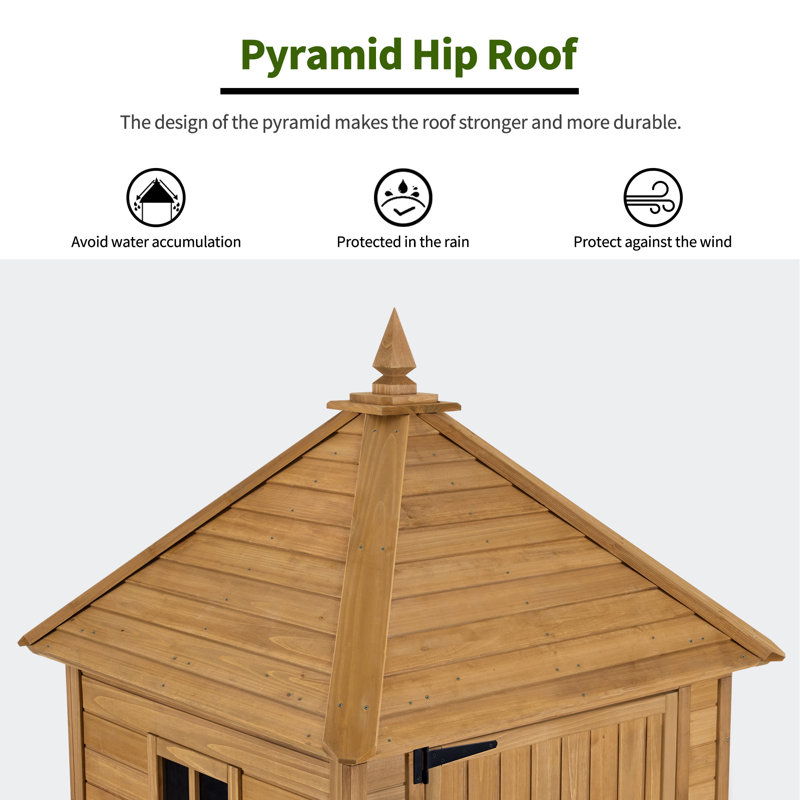 Natural Fir Wood Tall Outdoor Storage Shed with Shelves and Foldable Tables