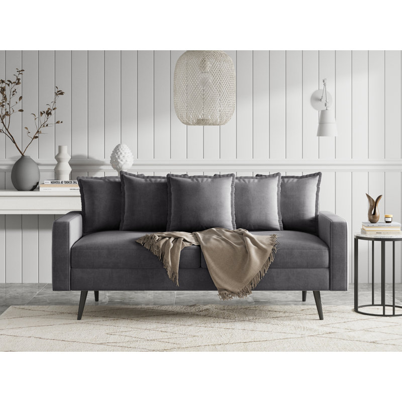 70" Velvet Square Arm Sofa, Gray Velvet, Black
