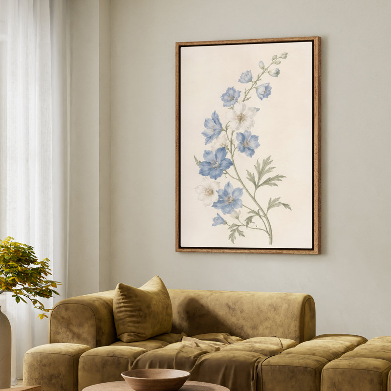 Art mural encadré sur toile - Branche florale bleue élégante sur fond neutre - 16 po x 24 po, 24 po x 36 po, Natural