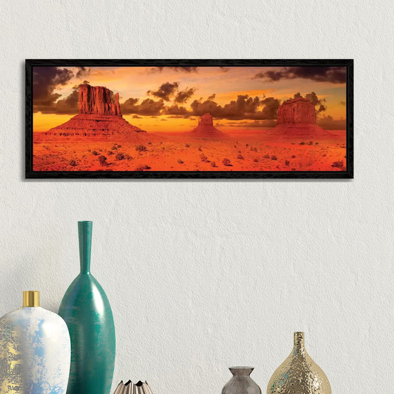 Gorgeous Monument Valley In The Evening by Melanie Viola - Panoramic Print on Canvas, Black Framed
