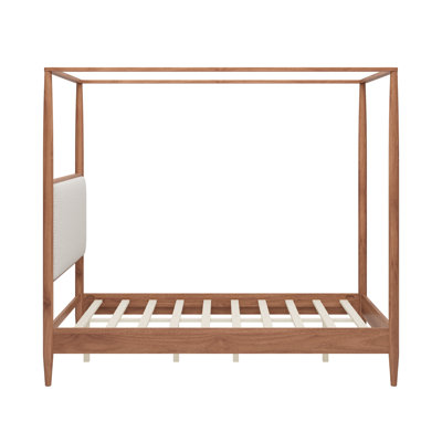 Cadre de style Mid-Century en bois massif avec auvent en bois massif avec tête de lit tapissier Boucle, plateforme à 4 affiches Olessia avec pieds fuselés, aucun sommier requis