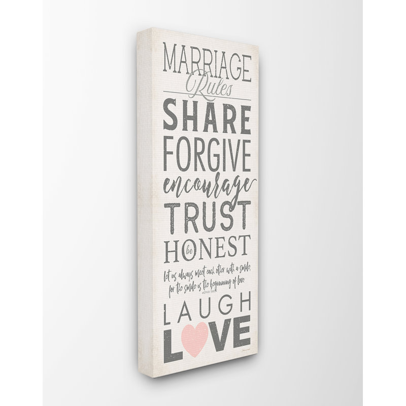 «Mariage Rules Laugh and Love» par Stephanie Workman Marrott - impression d'art textuel, H 20 po x l 13 po x P 1,5 po