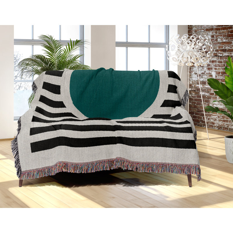 Jeté de lit rond en mélange de coton, Bleu sarcelle / noir / blanc cassé, L 80 po x l 60 po