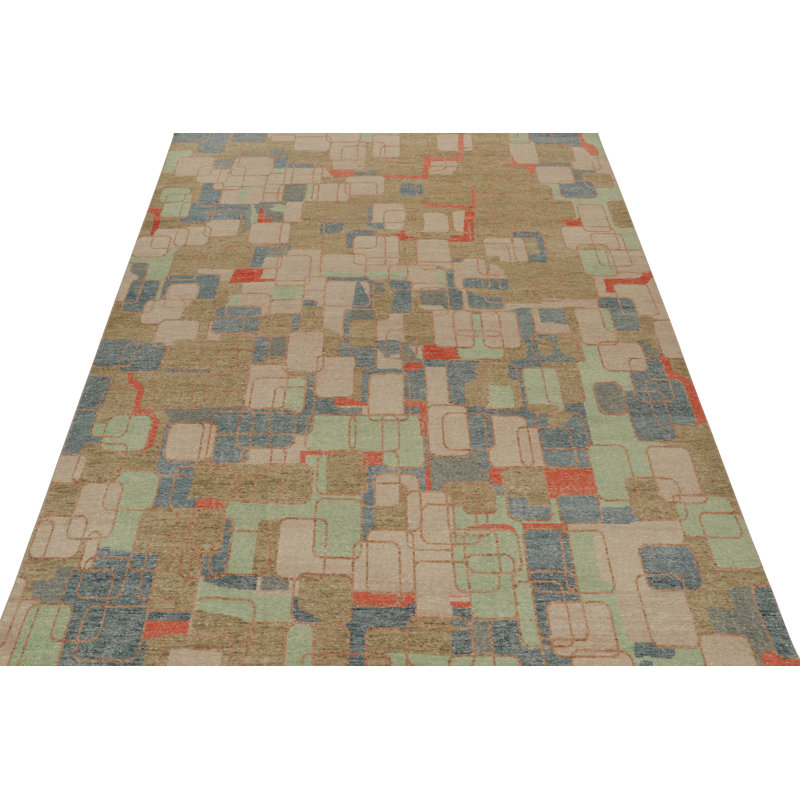 Geometric Hand-Knotted Rectangle 9' x 12' Cotton/Wool Area Rug in Beige/Blue