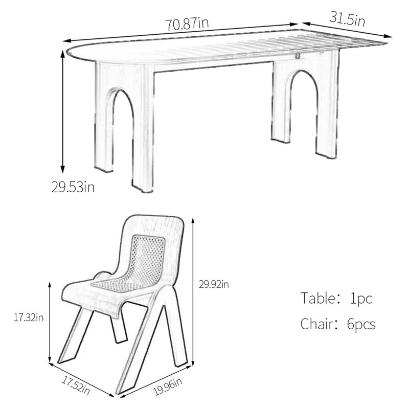 Sintered stone ash dining table set, 29.53"H x 70.87"L x 31.5"W